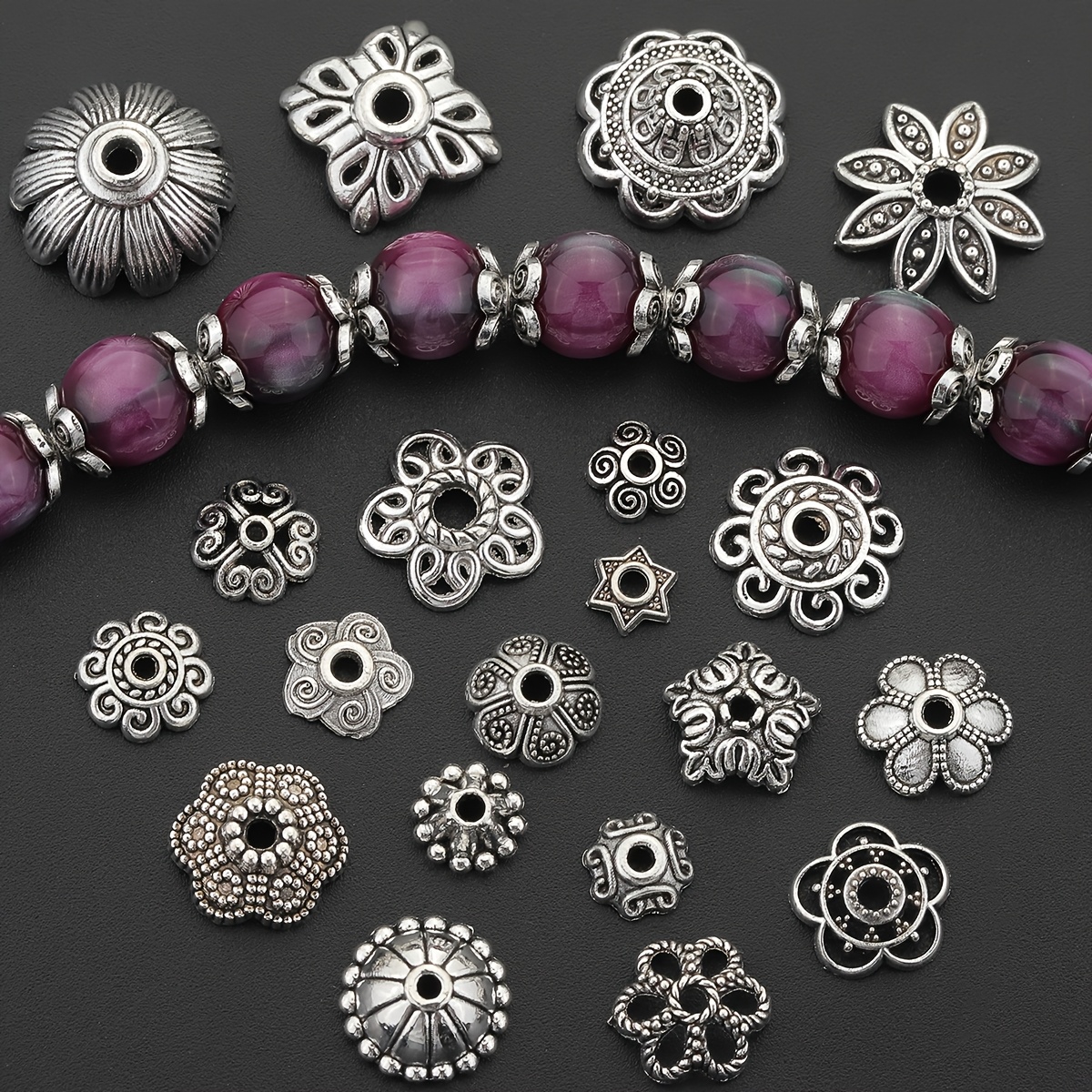100pcs Alloy Bead Caps in Assorted Flower Petal Designs